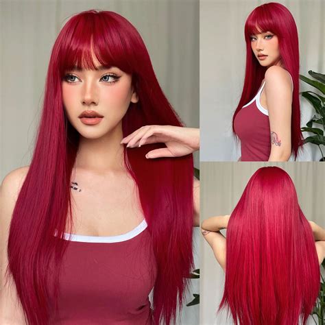 HAIRCUBE Licht Wein Rot Synthetische Perücken Mit Pony für Frauen Lange