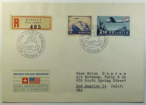 1947 SWITZERLAND REGISTERED First Flight Airmail Cover Geneva To Los