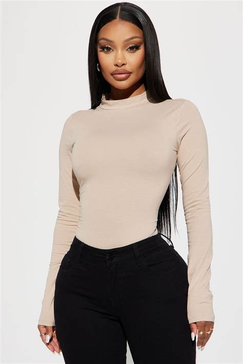 Melanie Mock Neck Bodysuit Taupe Fashion Nova Basic Tops