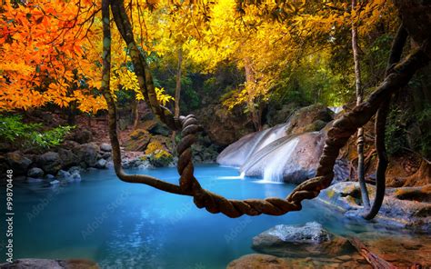 Amazing Beauty Of Asian Nature Tropical Waterfall Flows Through Dense