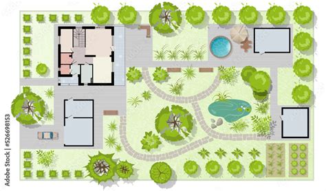 Top view landscape design plan with house, courtyard, lawn, garage ...