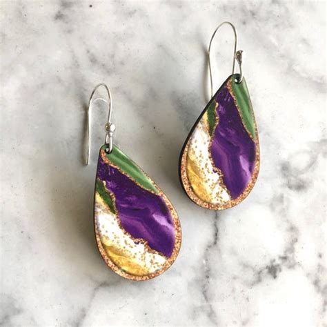 Mardi Gras Earrings In Colorful Purple Green And Gold Drop Etsy