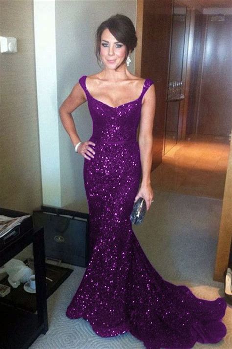 Sparkly Purple Sequin V Neck Mermaid Evening Gowns Court Train Prom Dress 2019 Prom Dress With