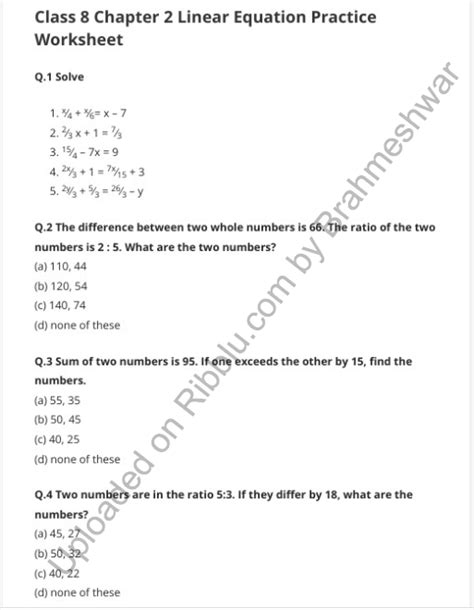 Worksheets for Linear Equation in One Variable Class 8 Bút Chì Xanh