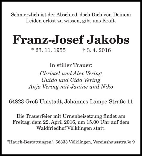 Traueranzeigen Von Franz Josef Jakobs Saarbruecker Zeitung Trauer De