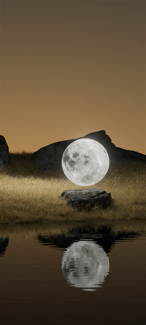 Full moon Wallpaper 4K, Landscape, Rocks, Body of Water