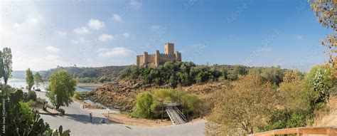 Panoramic view at the Castle of Almourol is a medieval castle atop the islet of Almourol in the ...