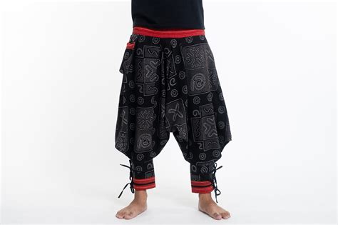 Black And Gray Thai Hill Tribe Fabric Mens Harem Pants With Ankle Str