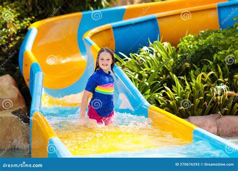 Kids on Water Slide in Aqua Park. Summer Vacation Stock Image - Image ...