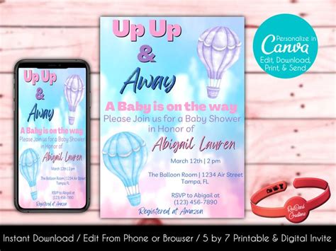 Editable Hot Air Balloon Baby Shower Invitation Gender Neutral Baby Shower Canva Template