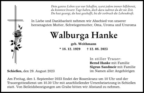 Traueranzeigen von Walburga Hanke Allgäuer Zeitung