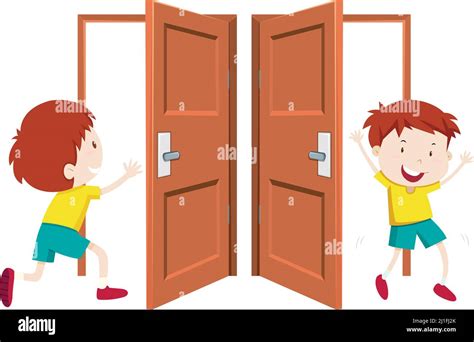 Boy Going In And Out The Door Illustration Stock Vector Image Art Alamy