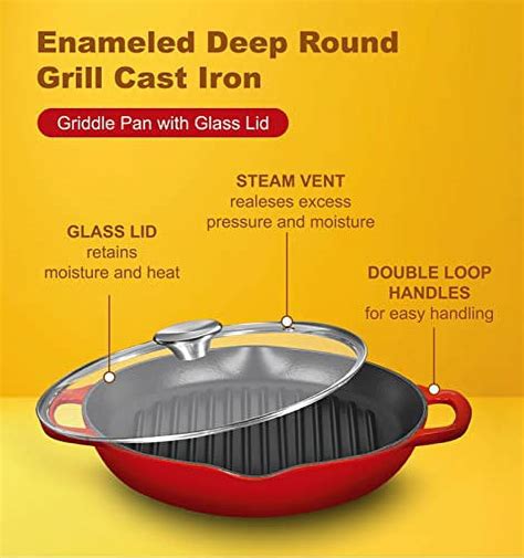 Bruntmor Red Enameled Deep Round Grill Cast Iron Griddle Pan With Glass