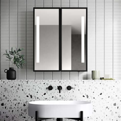 Mia Battery Operated Black Framed Illuminated LED Mirror Cabinet 710x600mm