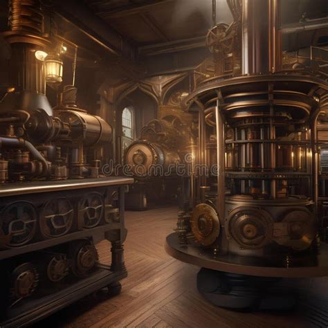 A Steampunk Cityscape With Brass Machinery And Gears Blending