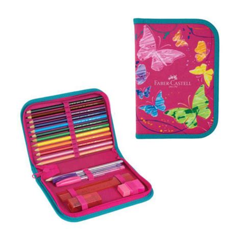 Estojo Escolar Completo Nylon Borboleta Rosa Faber Castell Em