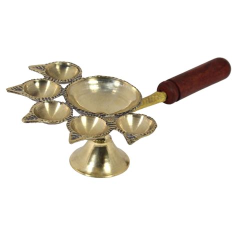 Buy STAGLINE Pure Brass Pooja Aarti Diya With Wooden Handle Five Face