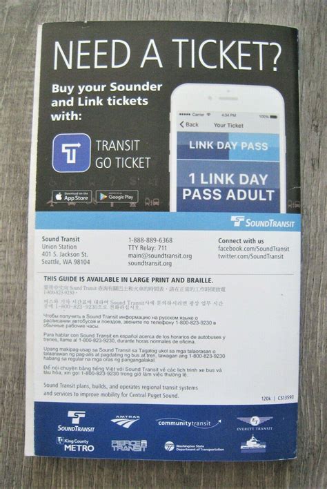 Sound Transit (2017) Route Map Schedule Book Bus Rail Trolley Seattle ...