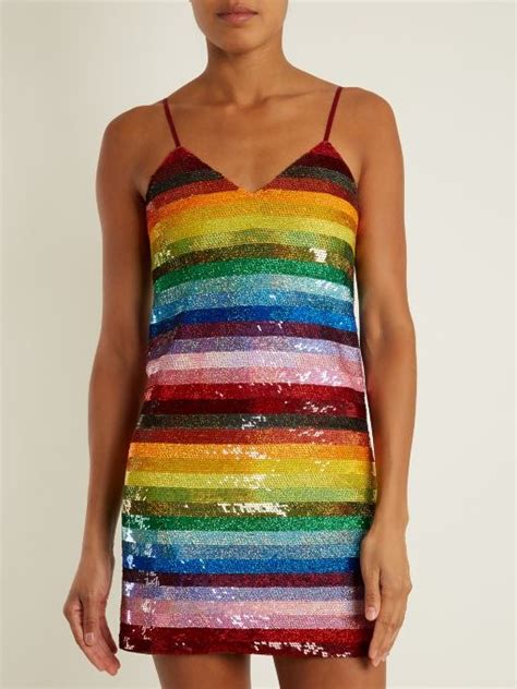 Ashish Rainbow Striped Sequin Embellished Silk Mini Dress Silk Mini