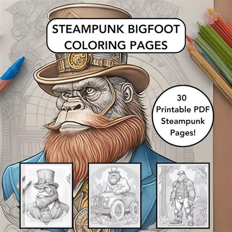 Adult Coloring Pages Steampunk Bigfoot Printable Grayscale Etsy UK