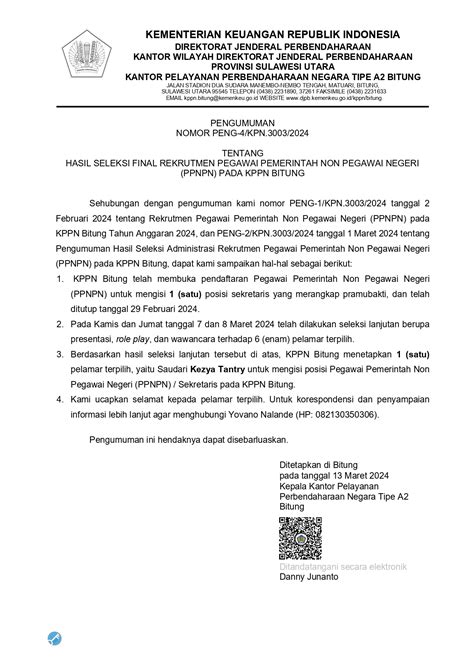 Pengumuman Hasil Seleksi Final Rekrutmen PPNPN Pada KPPN Bitung