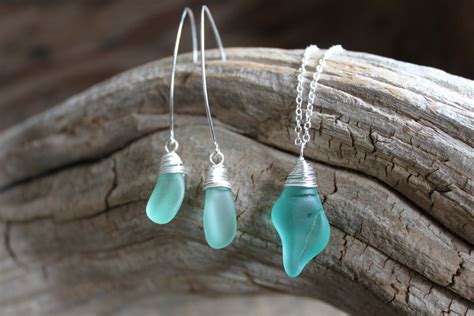 Sea Glass Jewelry Set Ocean Blue Sea Glass Necklace T For Mom Etsy