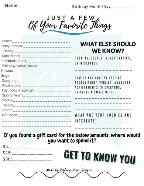 Printable Employee Favorite Things List