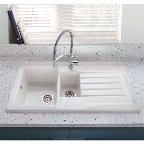 15 Bowl Inset White Ceramic Kitchen Sink With Reversible Drainer