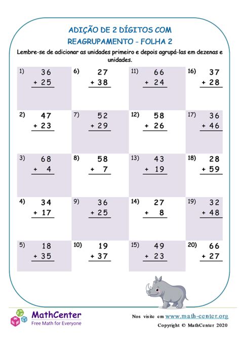 Segundo Ano Planilhas Adição de Dois Dígitos Reagrupamento Math