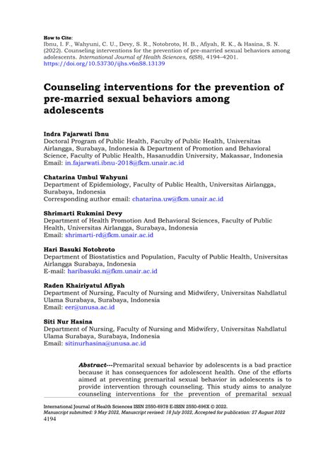 Pdf Counseling Interventions For The Prevention Of Pre Married Sexual Behaviors Among Adolescents