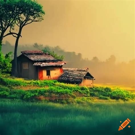 Serene Village Scenery With Houses And Trees In India