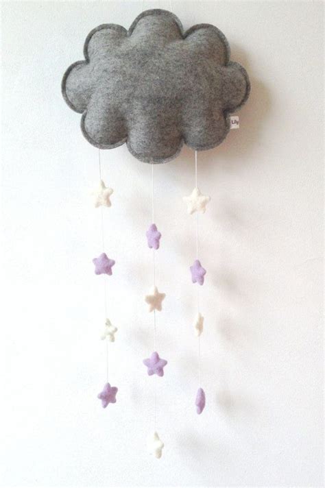 Felt Cloud Baby Mobile Grey Cloud White And Purple Stars Nursery