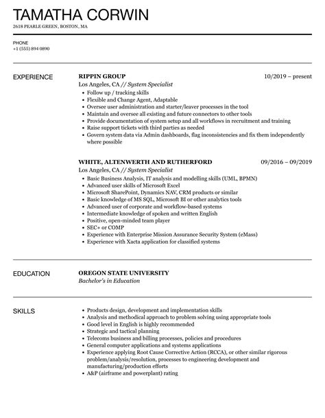 System Specialist Resume Samples Velvet Jobs