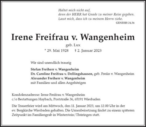 Traueranzeigen Von Irene Freifrau V Wangenheim Vrm Trauer De