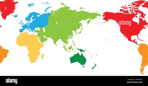 World Map Divided Into Six Continents Asia And Australia Centered