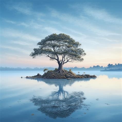 Premium Ai Image A Tree Is Reflected In The Water With The Sky In The