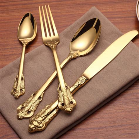 Gold Luxury Stainless Steel Knife Forks Flatware Table Set Peralatan