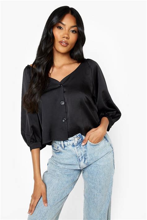 Womens Black Satin Volume Sleeve Blouse Boohoo Uk