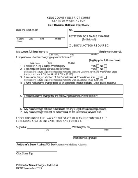 King County Washington Petition For Name Change Individual Fill