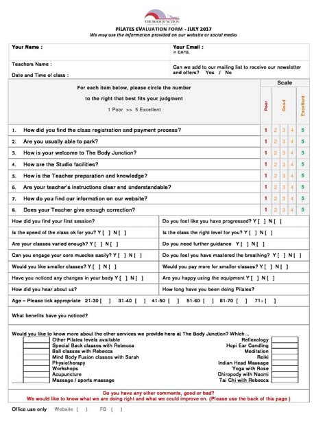 Questionnaire Evalution Form The Body Junction Pilates Yoga