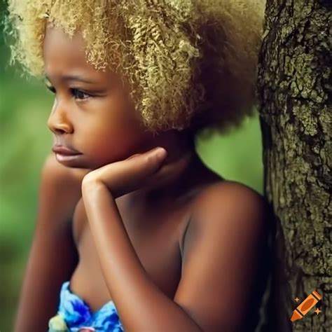 Tahitian Girl With Blonde Afro Hair Leaning On A Tree On Craiyon