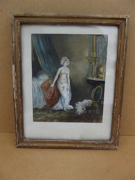 ANCIEN TABLEAU GOUACHE scéne érotique femme nue dans un interieur XVIII