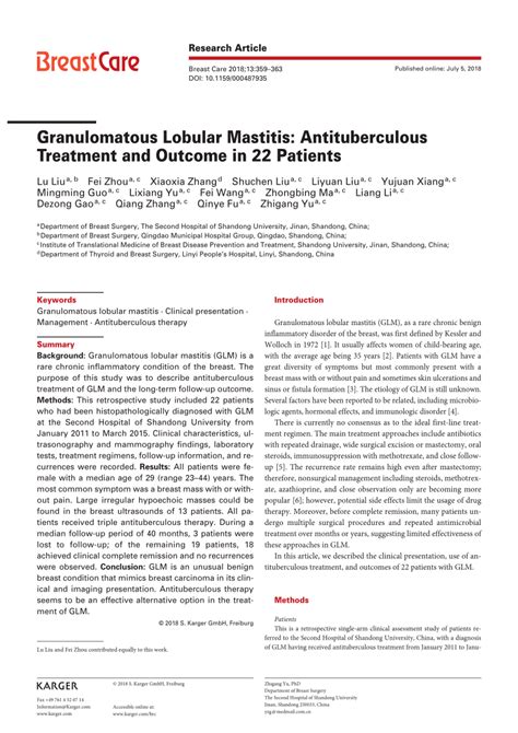 Pdf Granulomatous Lobular Mastitis Antituberculous Treatment And