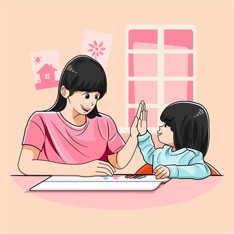 Mam Y Su Hija Chocan Los Cinco Mientras Hacen La Tarea Vector