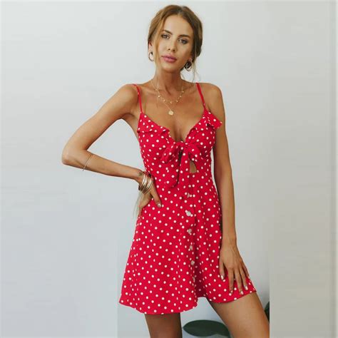 2018 Summer Polka Dot Print Spaghetti Strap Dress Sexy V Neck