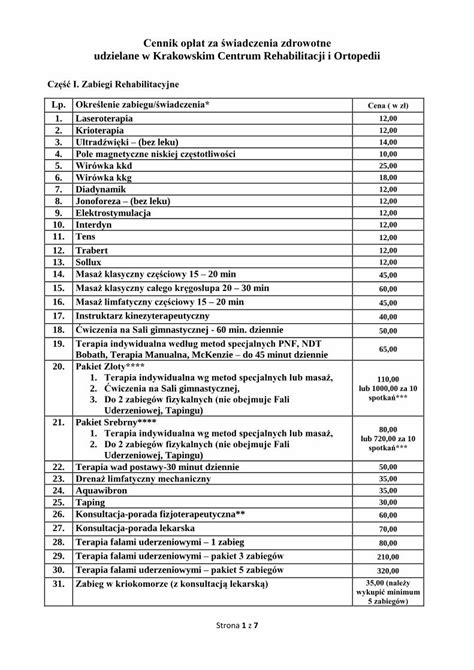 Pdf Cennik Op At Za Wiadczenia Zdrowotne Udzielane W