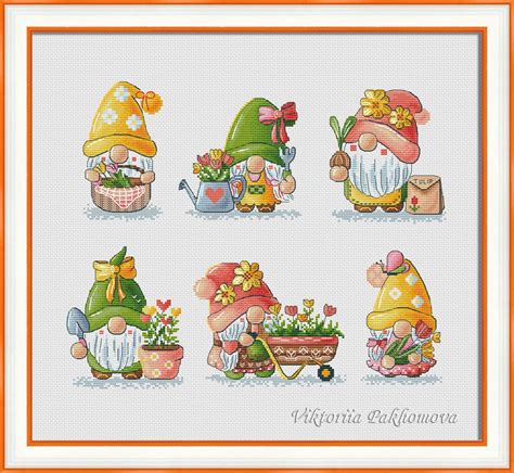 Garden Gnome Cross Stitch Pattern Pdf Whimsical Floral Leprechaun