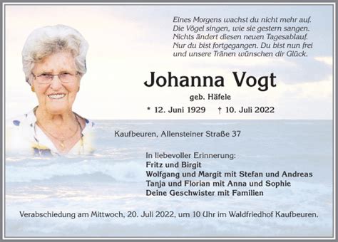 Traueranzeigen Von Johanna Vogt Augsburger Allgemeine Zeitung