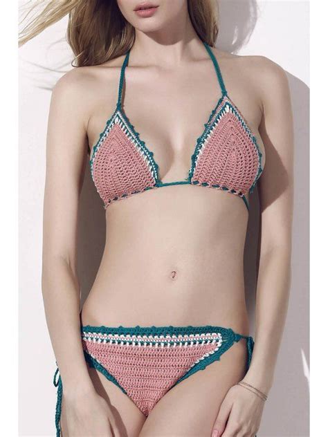 Lace Up Color Block Handwork Knitted Bikini Set RED AND GREEN Bikinis