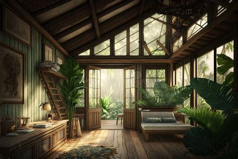 Tropical Wooden Hut Interior Design in Jungle Stock Illustration ...